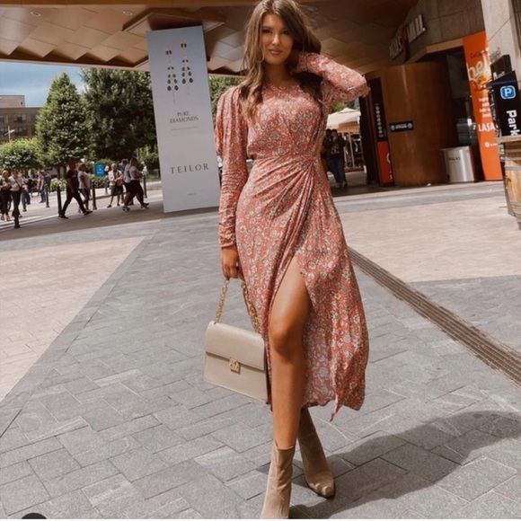 ZARA Floral Printed Long Puff Ruched Sleeve Draped‎ Midi Dress Size Small - Picture 2 of 16